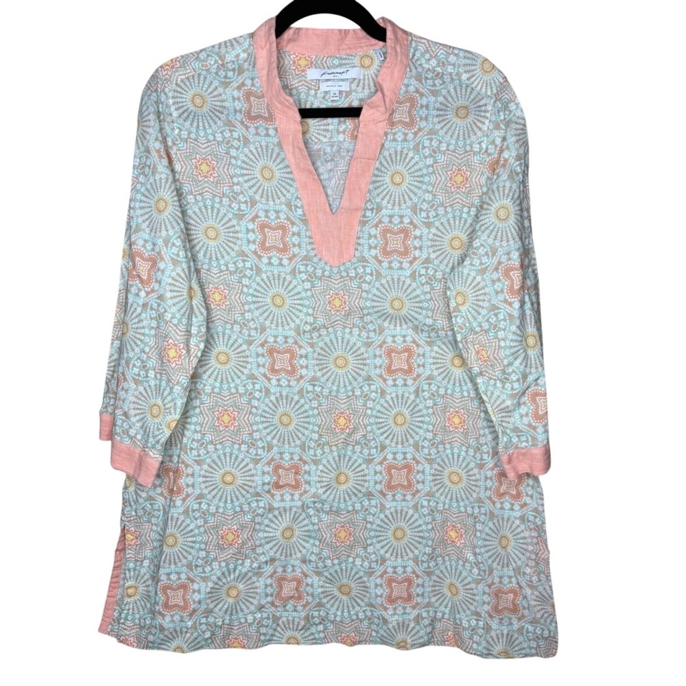 Foxcroft NYC Women 14 Tunic Top Mint Peach Geometric Cotton Linen Wrinkle Free